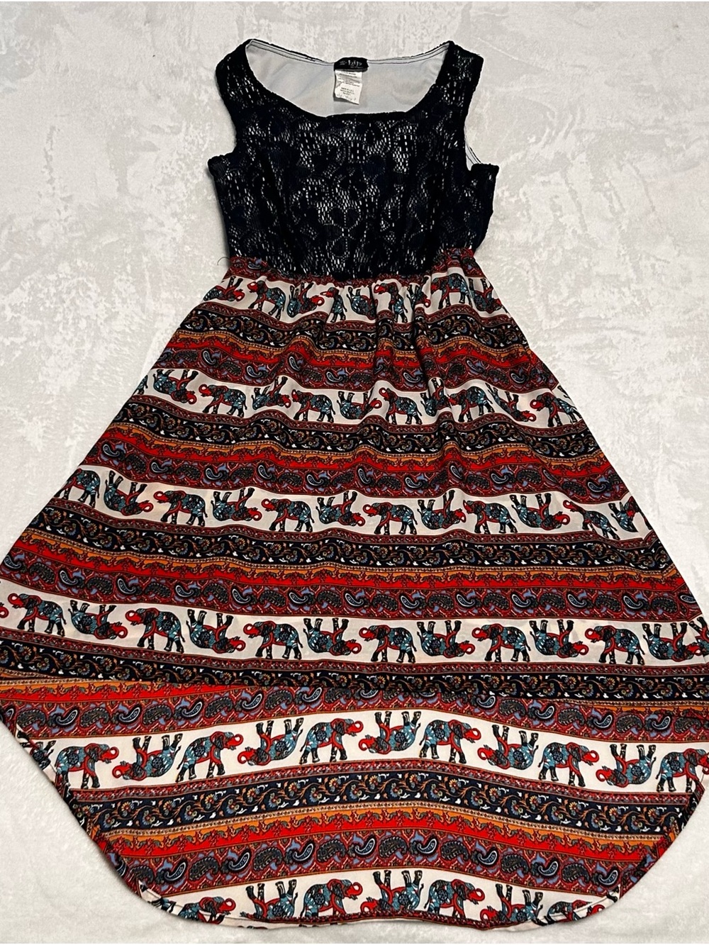 h.i.p. Black Lace Top Multicolor Elephant-Print Casual Dress